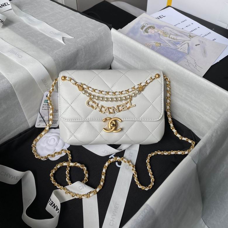 Chanel Mini Flap Bag with Pearl and CHANEL Logo Chain in White Quilted Leather