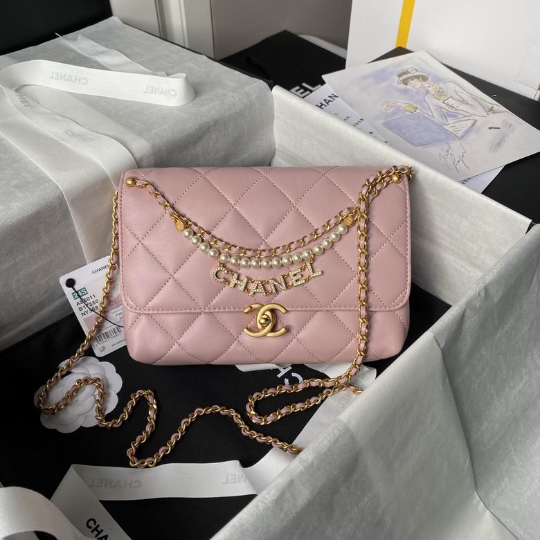 Chanel AS5011 Quilted Flap Bag with Pearl and Logo Chain in Pink Lambskin