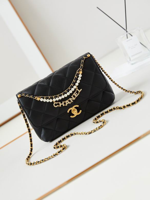 Chanel AS5011 Quilted Flap Bag with Pearl Chain and Logo Charm in Black