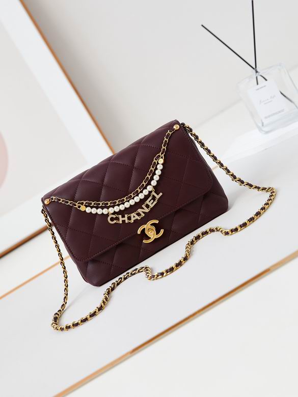 Chanel AS5011 Quilted Flap Bag with Pearl Chain and Logo Charm in Burgundy