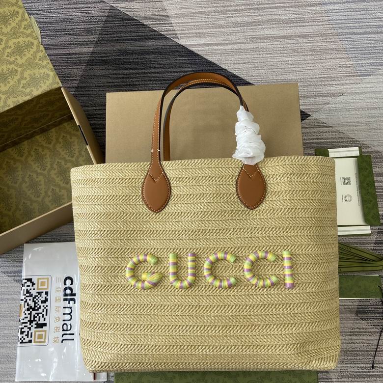 Gucci Logo Tote Bag in Natural Woven Straw with Tan Leather Handles