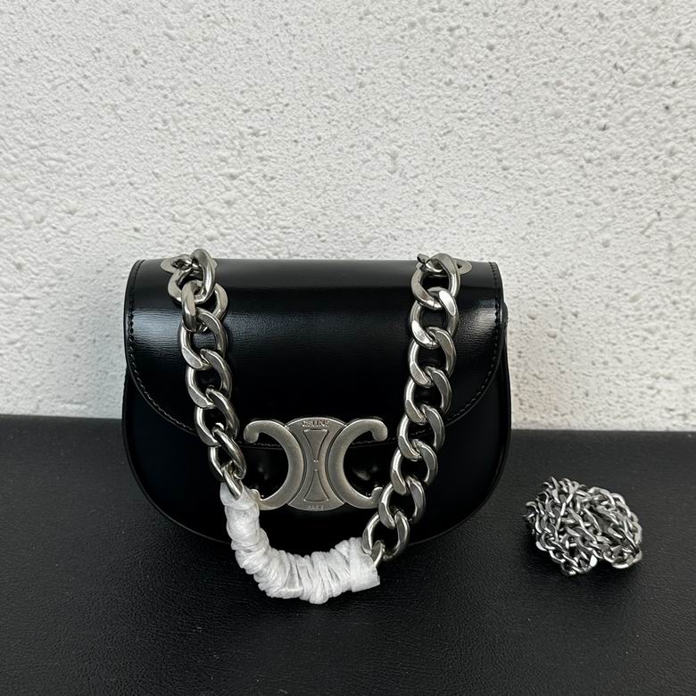 Celine Triomphe Mini Chain Shoulder Bag in Black Shiny Leather