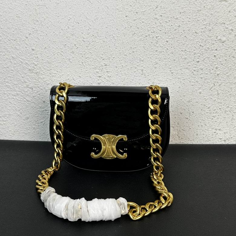 Celine Triomphe Clasp Chain Shoulder Bag in Black Patent Leather