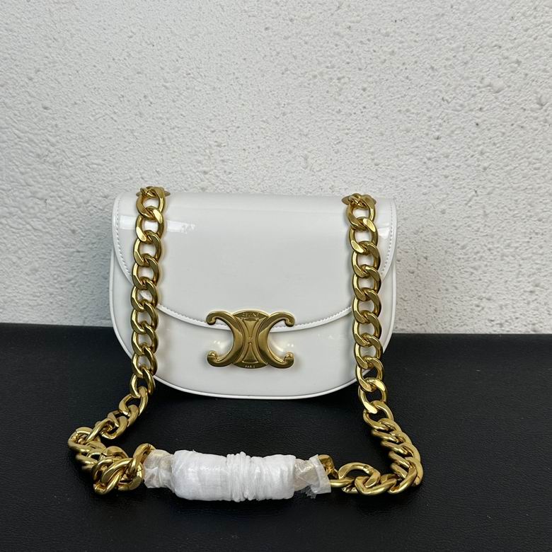 Celine Triomphe Chain Shoulder Bag in White Patent Leather with Gold Hardware