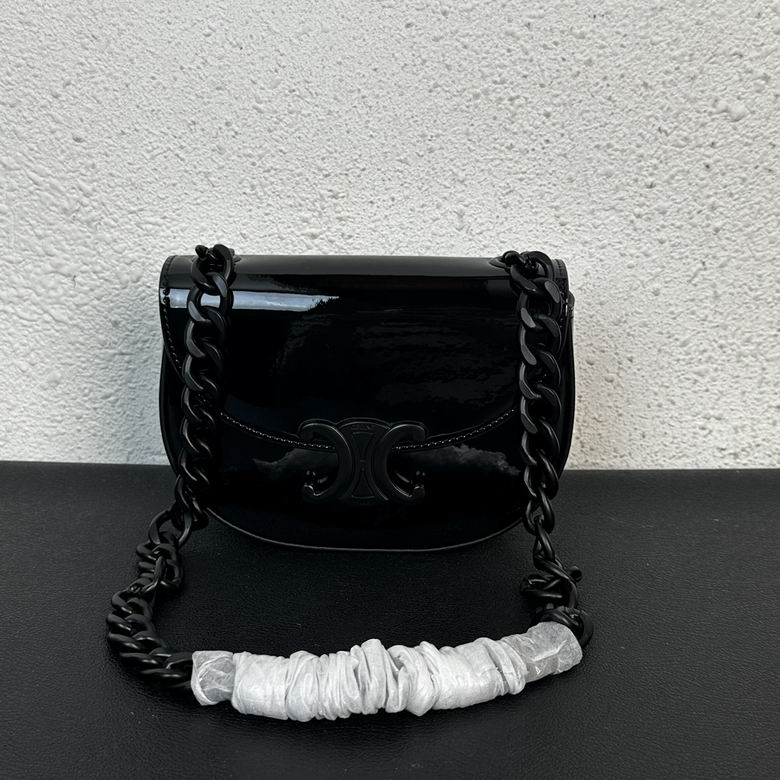 Celine Triomphe Chain Shoulder Bag in Black Patent Leather