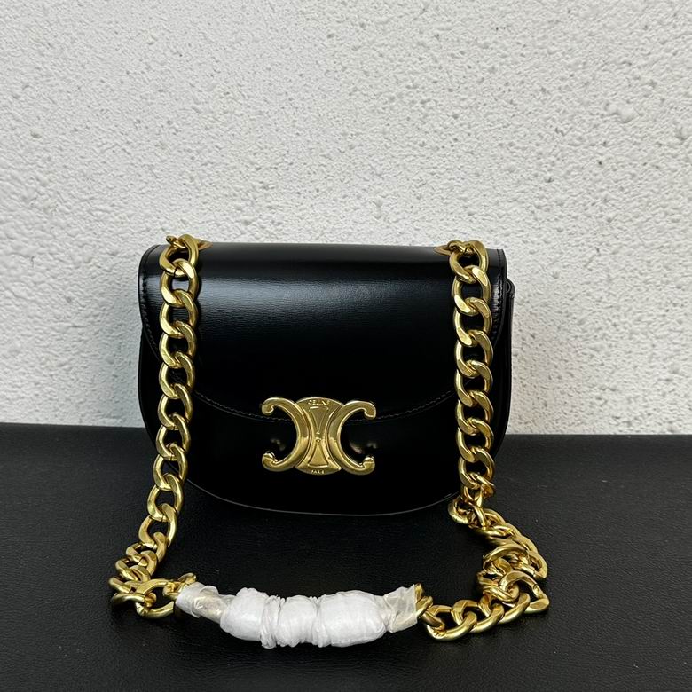 Celine Triomphe Chain Shoulder Bag in Black Smooth Leather with Gold Chain