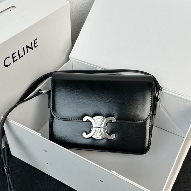 Celine Triomphe Teen Shoulder Bag in Black Shiny Calfskin with Silver Clasp