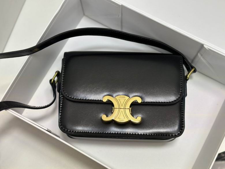 Celine Triomphe Teen Shoulder Bag in Black Shiny Calfskin with Gold Clasp