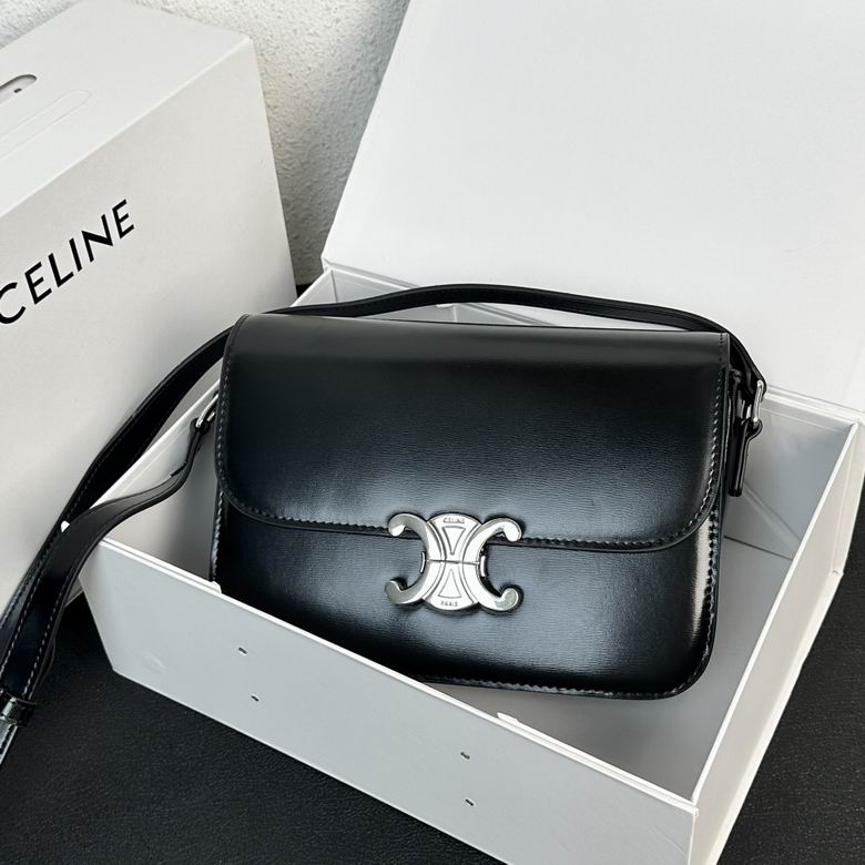 Celine Triomphe Teen Shoulder Bag in Black Shiny Calfskin with Silver Clasp