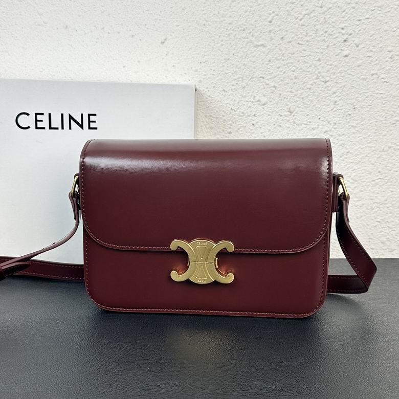 Celine Triomphe Teen Shoulder Bag in Burgundy Shiny Calfskin with Gold Clasp