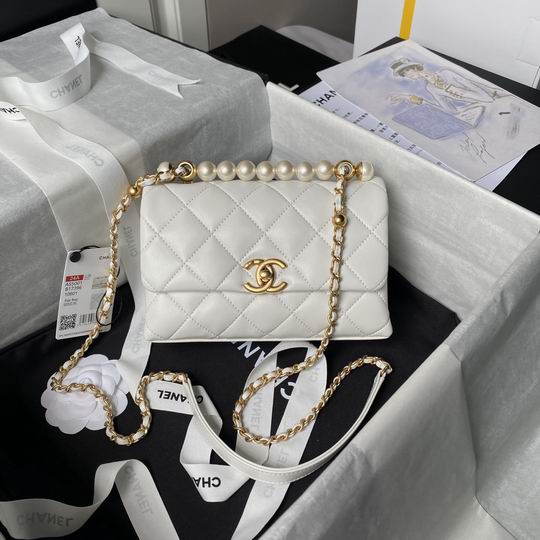 Chanel AS5001 Quilted Flap Bag with Pearl Top Handle in White