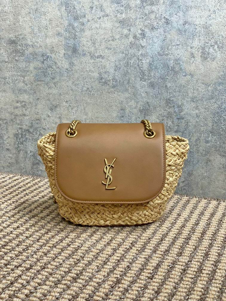 Saint Laurent Cabbage Chain Shoulder Bag in Raffia and Tan Leather