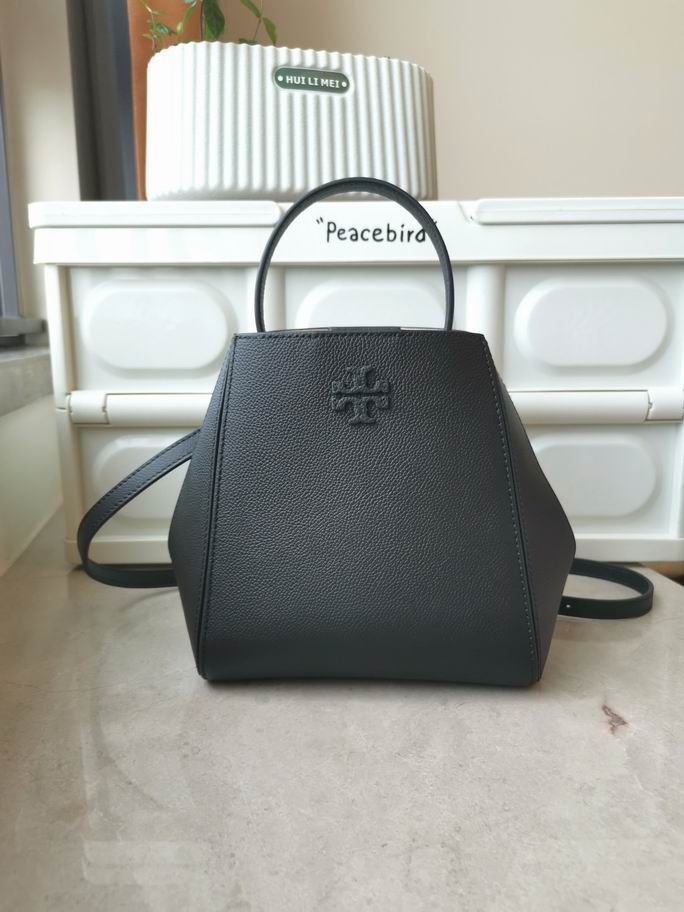 Tory Burch McGraw Mini Bucket Bag with Top Handle in Black Pebbled Leather