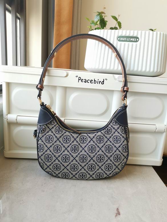Tory Burch T Monogram Crescent Shoulder Bag in Navy Jacquard with Leather Trim