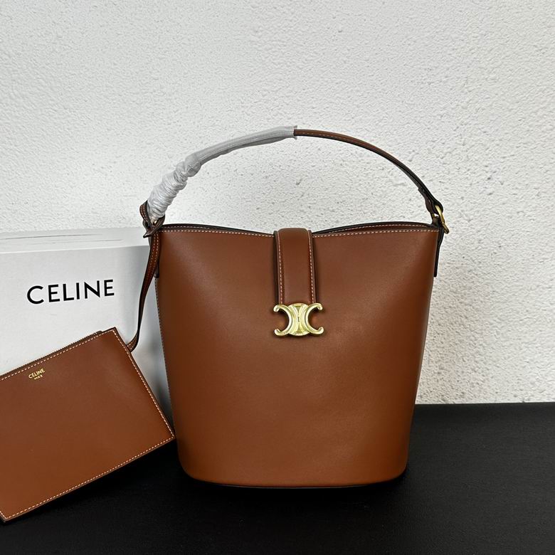Celine Triomphe Bucket Bag in Tan Smooth Calfskin with Gold Clasp and Pouch