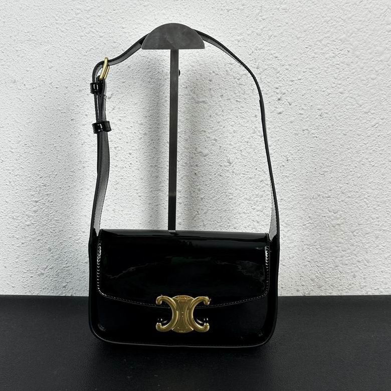 Celine Triomphe Shoulder Bag in Black Patent Leather with Gold Clasp