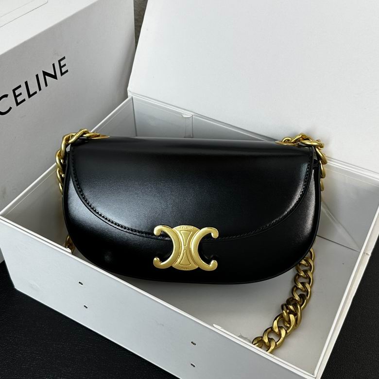 Celine Triomphe Chain Shoulder Bag in Black Smooth Leather with Gold Hardware