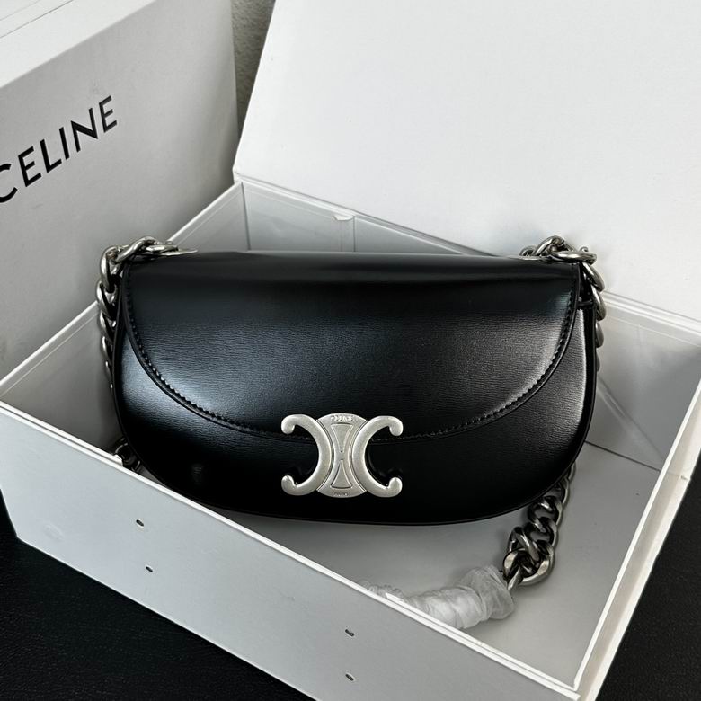 Celine Triomphe Flap Shoulder Bag with Chain Strap in Black Smooth Leather