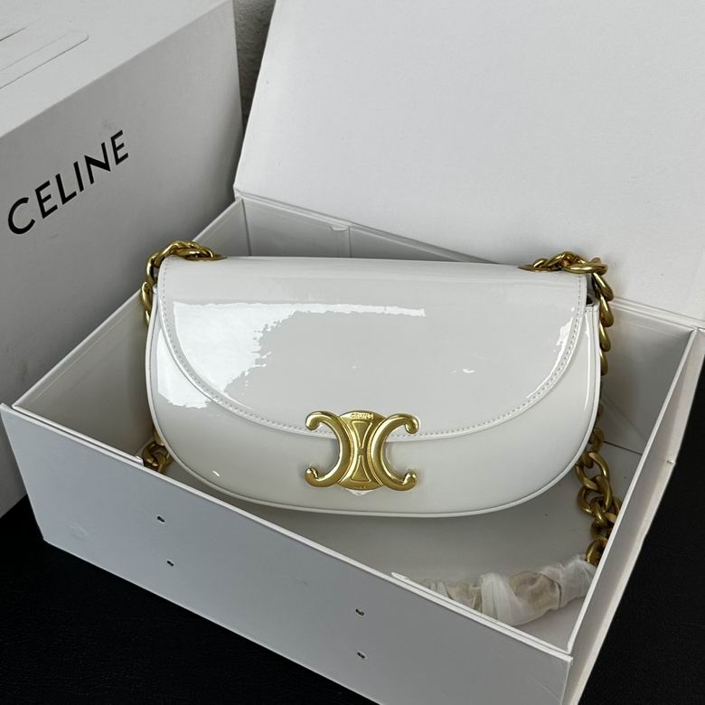 Celine Triomphe Chain Flap Shoulder Bag in White Patent Leather