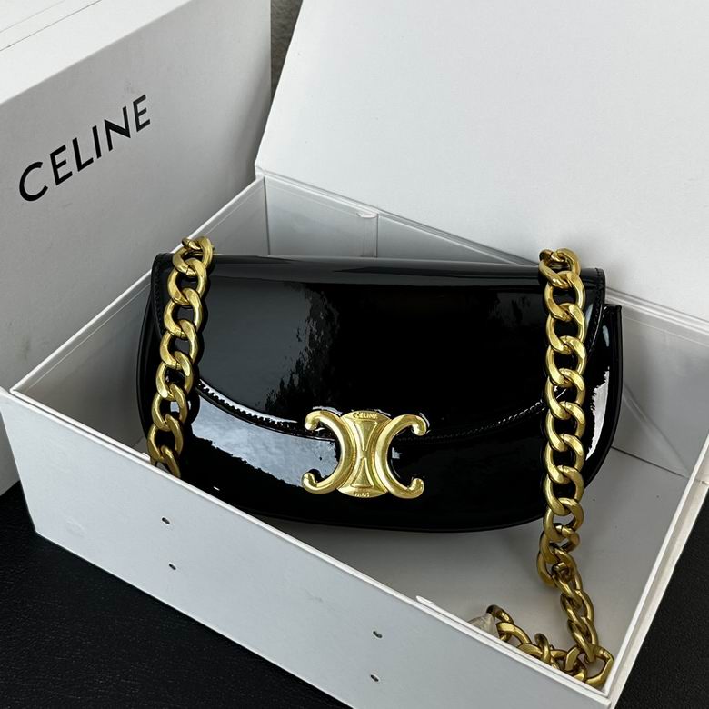 Celine Triomphe Chain Shoulder Bag in Black Patent Leather with Gold Hardware