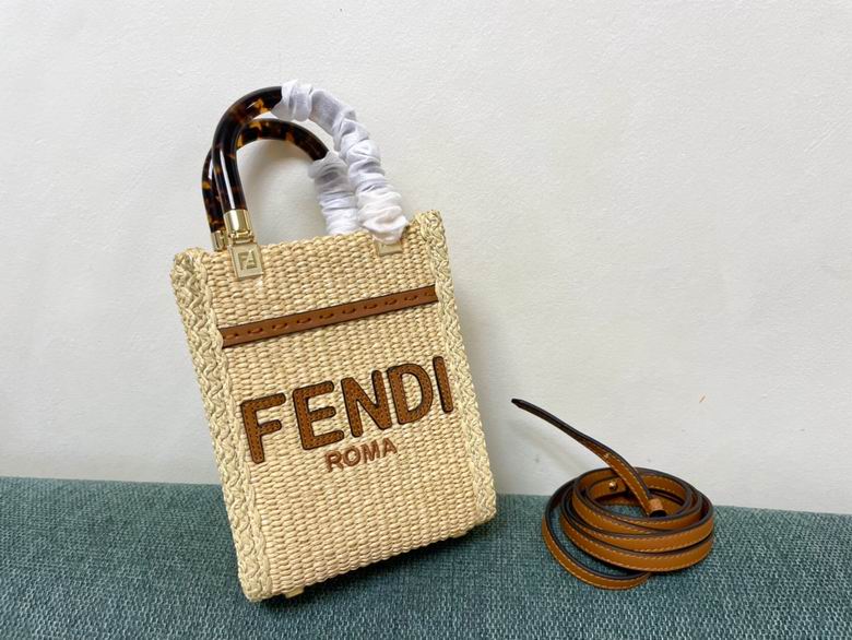Fendi Sunshine Mini Shopper Tote in Natural Woven Straw with Tan Leather