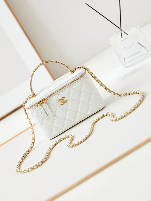Chanel Small Vanity Case with Chain Top Handle in White Quilted Leather