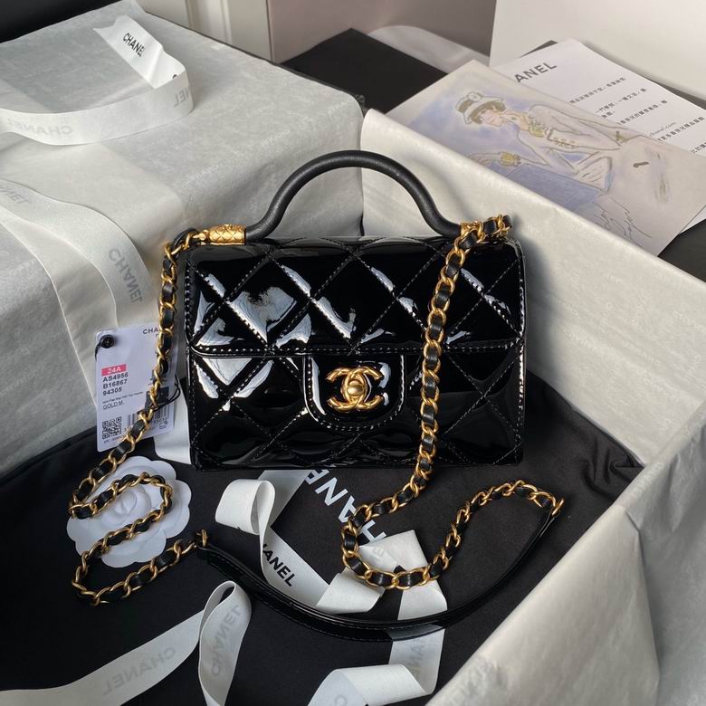 Chanel Mini Flap Bag with Top Handle in Black Quilted Patent Leather