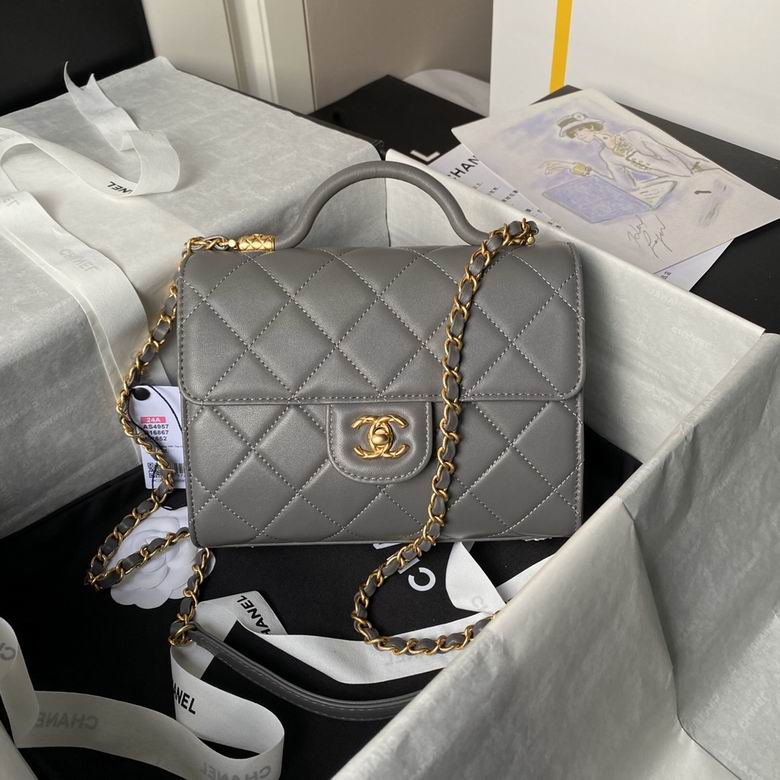 Chanel Mini Flap Bag with Top Handle in Gray Quilted Lambskin, Gold Hardware