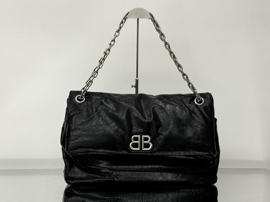 Balenciaga Monaco Large Chain Shoulder Bag in Black Crinkled Leather