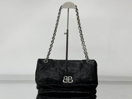 Balenciaga Monaco Medium Chain Shoulder Bag in Black Crinkled Leather