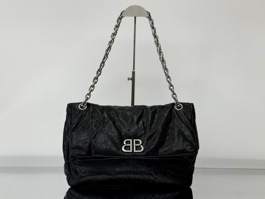Balenciaga Monaco Medium Chain Shoulder Bag in Black Crinkled Leather