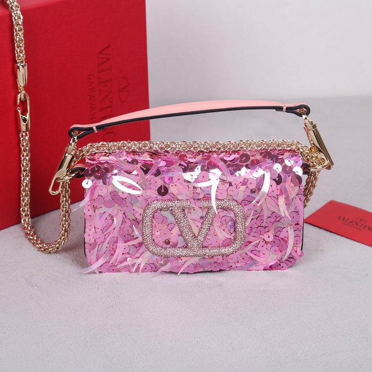 Valentino Locò Small Shoulder Bag in Pink Sequin Embroidery with Crystal VLogo