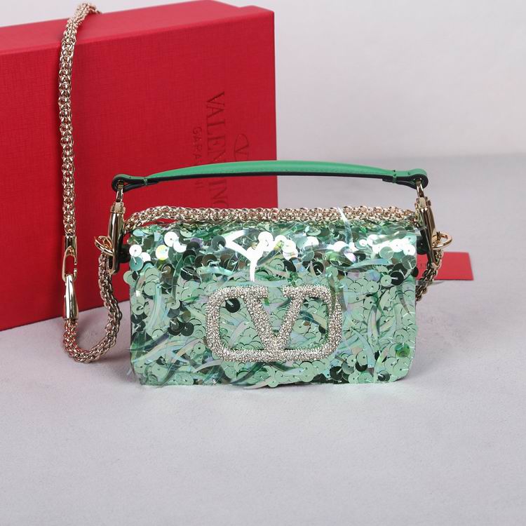 Valentino Locò Small Sequin Top-Handle Shoulder Bag in Mint Green with Chain