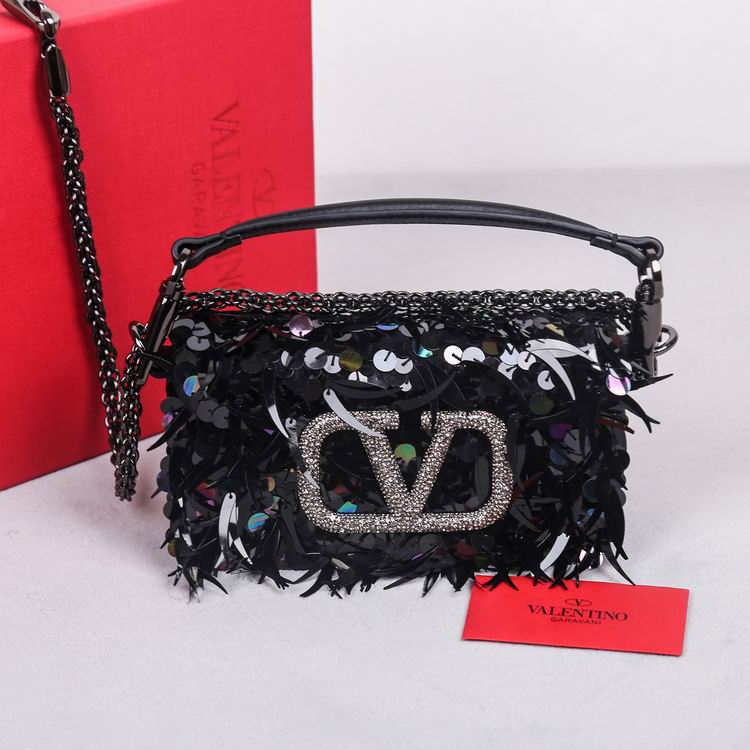 Valentino Locò Micro Sequin Top-Handle Bag with Crystal VLogo in Black
