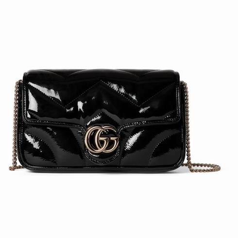 Gucci GG Marmont Super Mini Shoulder Bag in Black Patent Matelassé Leather