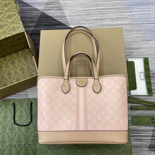 Gucci Ophidia Medium Tote Bag in Pink GG Supreme Canvas with Beige Leather