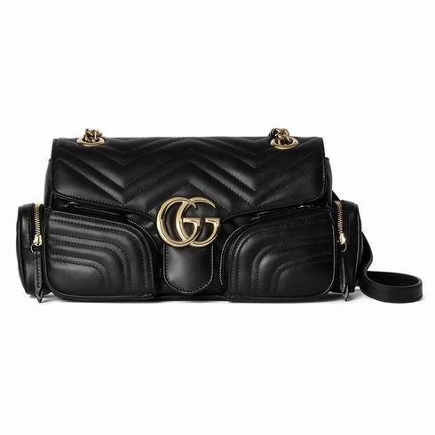 Gucci GG Marmont Small Shoulder Bag with Pockets in Black Matelassé Leather
