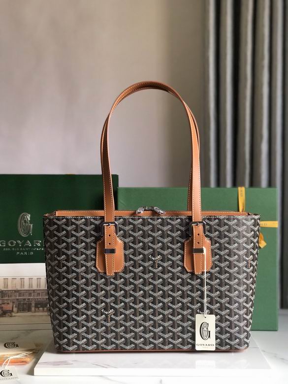Goyard Zippered Tote Bag in Black Goyardine Canvas with Tan Leather Handles