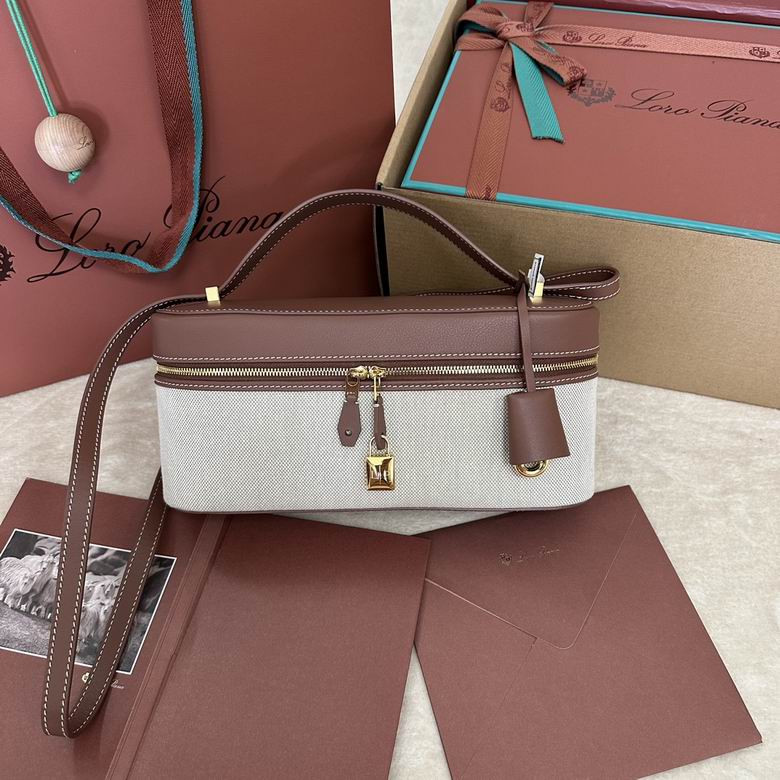 Loro Piana Extra Bag L19 Vanity Case in Beige Canvas and Brown Leather