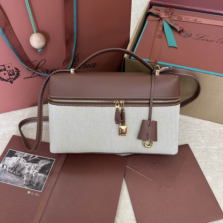 Loro Piana Extra Bag L27 Top-Handle Crossbody in Beige Canvas with Brown Leather