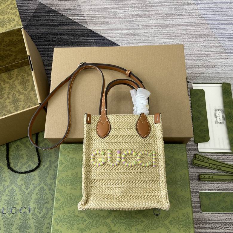 Gucci Mini Tote Bag in Natural Woven Straw with Tan Leather and Logo