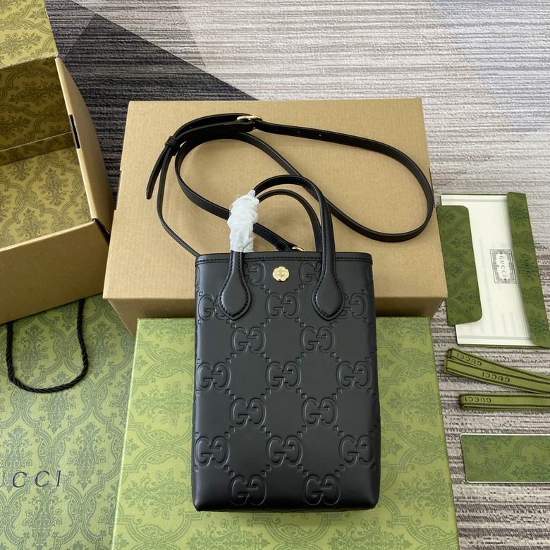 Gucci GG Embossed Mini Tote Bag with Shoulder Strap in Black Leather