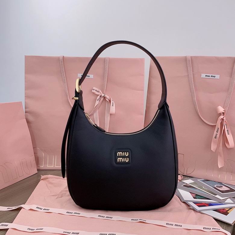 Miu Miu 5BC151 Hobo Shoulder Bag in Black Leather with Logo Plaque