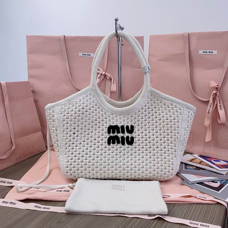 Miu Miu Ivy Open-Weave Crochet Tote Bag in White with Black Logo
