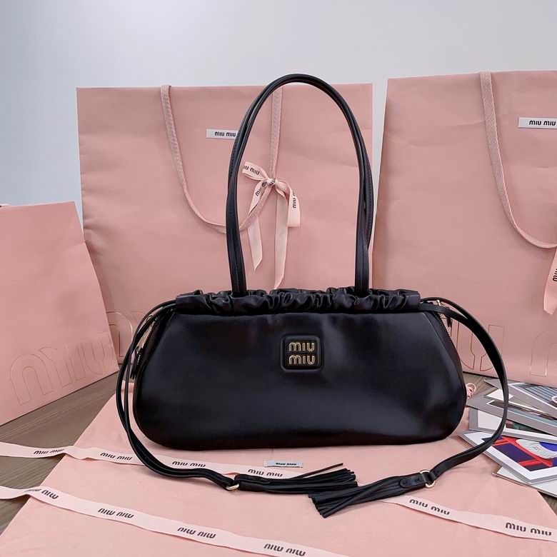 Miu Miu Ruched Drawstring Shoulder Bag in Black Leather with Tassel Strap