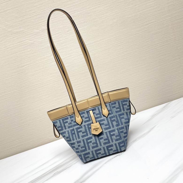 Fendi Origami Mini Tote Bag in Blue FF Denim Jacquard with Beige Leather