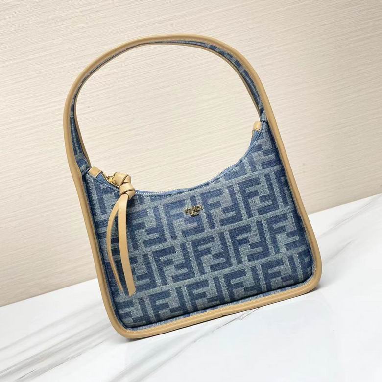 Fendi Fendigraphy Small Hobo Bag in Blue FF Denim with Beige Leather Trim