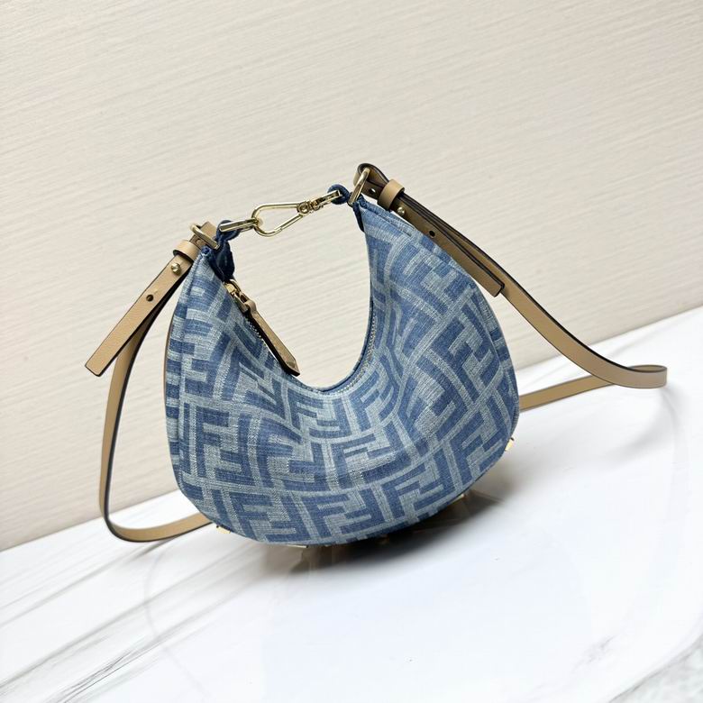 Fendi Fendigraphy Small Hobo Bag in Blue FF Denim with Beige Leather Straps