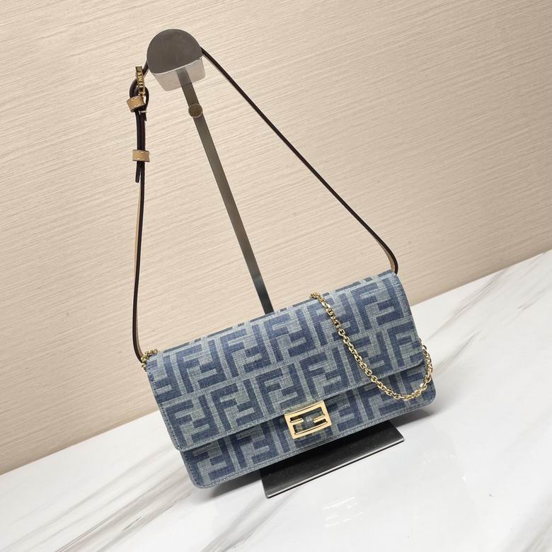 Fendi Baguette Shoulder Bag in Blue FF Jacquard Denim with Gold Chain