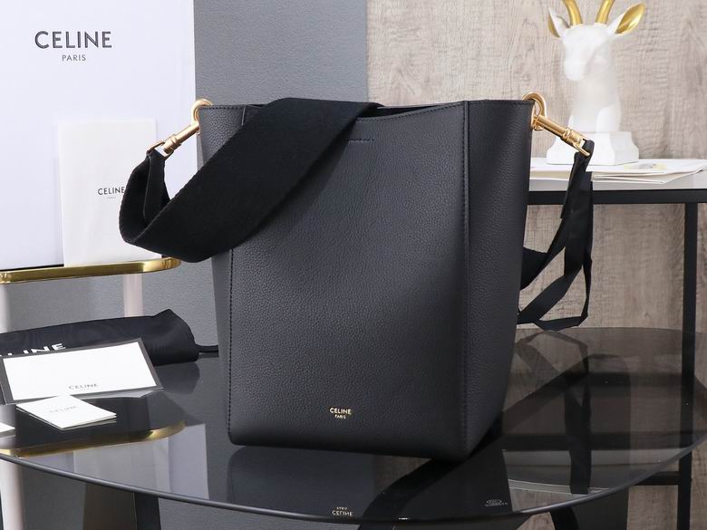 Celine Sangle Small Bucket Bag in Black Grained Leather with Textile Strap